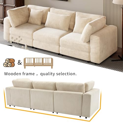 Oversized 3 Seater Sofa Couch, 105'' Modern Upholstered Couch with Removable Back Cushions and 5 Pillows, Comfy Corduroy Fabric Deep Seat Sofa for Living Room, Office, Apartment (Gray)