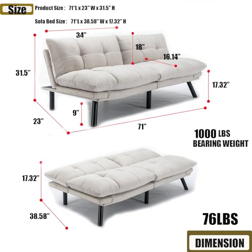 70” Linen Futon Sofa Bed, Convertible Folding Couch, Breathable Small Couch, Comfortable Double Loveseat Bed for Compact Living Studio in Room and Bedroom, Offices, Family, Dorm (Linen Dark Gray)