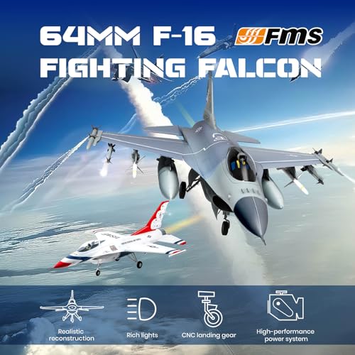 Fms Rc Planes for Adults EDF Jet Remote Control Airplane Fighting Falcon 64mm F16 Battlefield Gray 6 Channel Hobby Rc Airplanes PNP (No Radio, Battery, Charger)