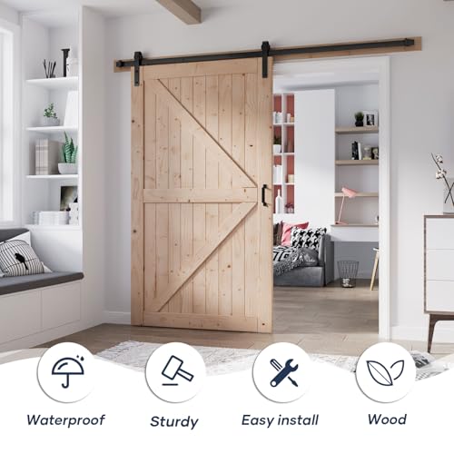 FREDBECK 48in x 80in Sliding Wood Barn Door with 8FT Barn Door Hardware Kit Included K Shape Solid Spruce Panel Sliding Door Double Surfaces Need to Assembly