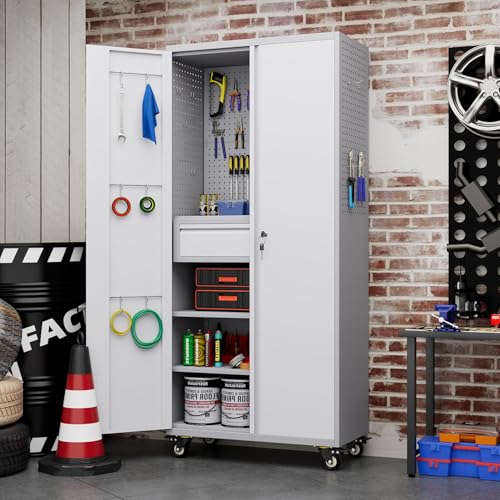 73" H Metal Storage Cabinet with Wheels, Garage Storage Cabinet with 4 Adjustable Shelves and Lockable Doors for Garage Home Office Utility Room,Required Assembly,Black