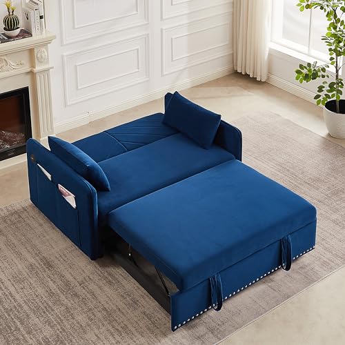 3-in-1 Versatile Velvet Sofa, Convertible Sleeper Sofa Bed with Pullout Bed, Comfy Loveseat with 2 Lumbar Pillows and Side Pocket, for Living Room Bedroom (Green)