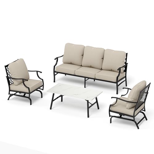 Patio Furniture Set 4 pcs, Metal Outdoor Patio Furniture, 3-Seat Sofa, 2 Swivel Chairs, Coffee Table and 5.75" Extra Thick Cushion, Conversation Set for Backyard Deck, Navy Blue