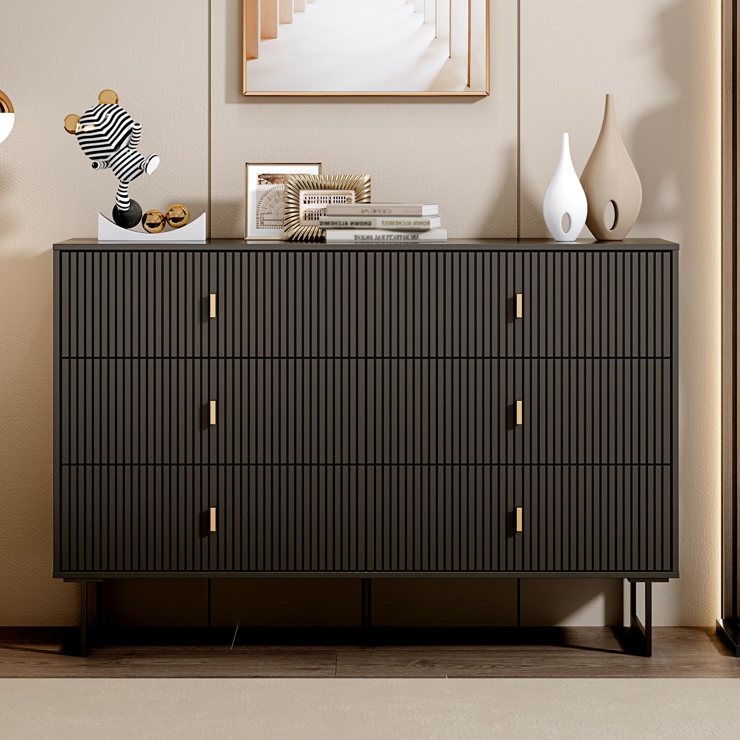 Black 6 Drawer Dresser for Bedroom, Large Double Dresser with Wide Drawers, Modern Chest of Drawers,Storage Organizer Dresser,for Living Room, Hallway, Bedroom