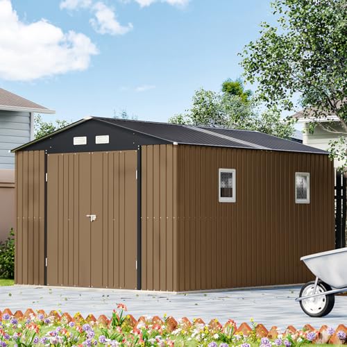 10X12X7.5 FT Outdoor Steel Storage Shed with Lockable Doors, 2 Windows, Transparent Roof Panels (Wood Panels & Frame Floor Not Included), Ideal for Patio Storage,Garbage Can, Chicken Coop，Brown