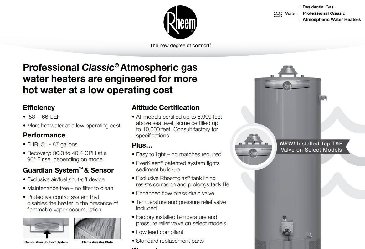 Rheem PROG50-40N RH62 Professional Classic Atmospheric 50 Gallon Natural GAS Water Heater