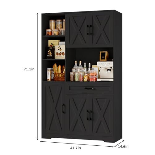 HOSTACK 71" Tall Kitchen Pantry Storage Cabinet, Farmhouse Food Pantry Cabinet with Microwave Stand, Barn Doors Kitchen Hutch with Large Drawer and Shelves for Dining Room, Ash Grey