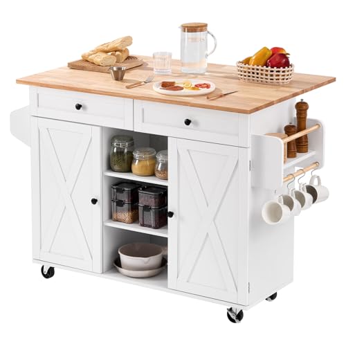 VEVOR Kitchen Island Cart with Solid Wood Top, 35.4" Width Mobile Carts with Storage Cabinet, Rolling Kitchen Table with Spice Rack, Towel Rack, and Drawer, Portable Islands on Wheels, White