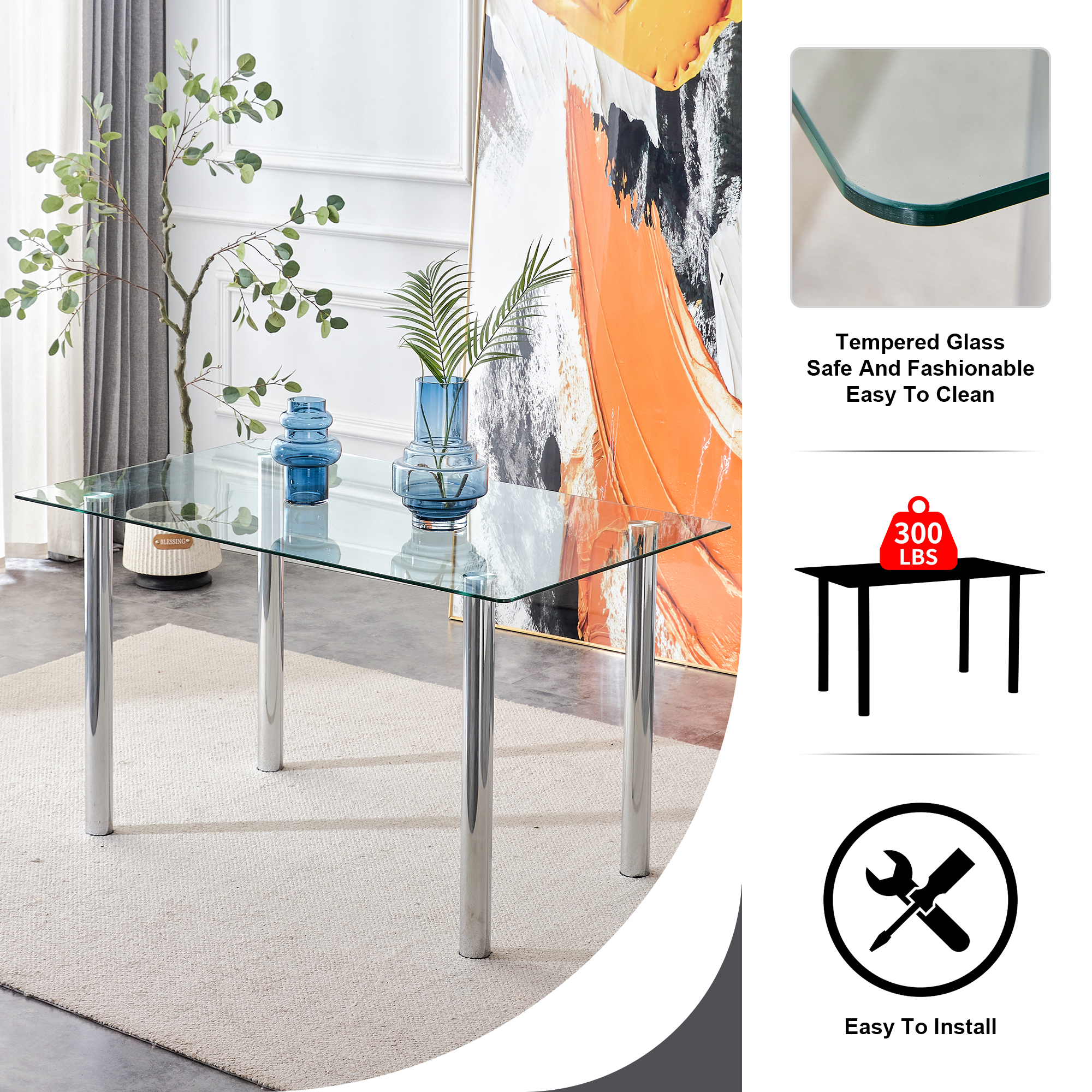 Atumon 5 Piece Glass Dining Table Set, Modern Dining Room Set for 4, Kitchen Dining Table with 4 Black PU Leather Chairs, Dining Table Set with Metal Legs for Dining Room Kitchen Apartment