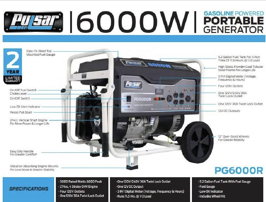 Pulsar 6,000 Peak Watt Gas-Powered Carb Approved Portable Generator