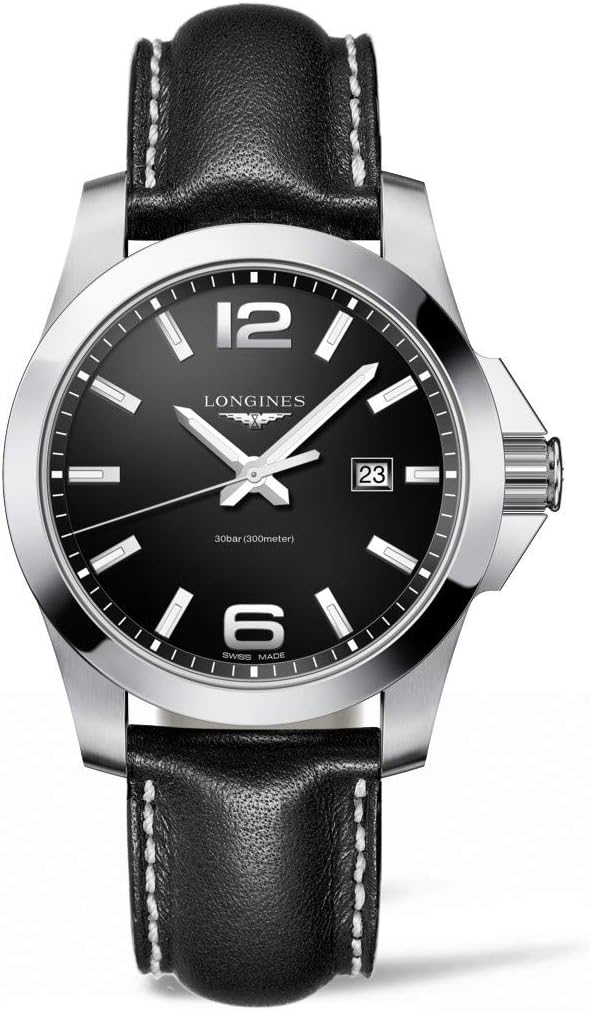 Longines Conquest Black Dial Black Leather Men's 43mm Watch L37604563