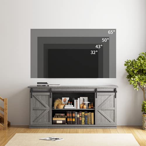YESHOMY Farmhouse TV Stand for Televisions up to 65 Inches, Sliding Barn Doors and Storage Cabinets, Console Table and Media Furniture for Living Room, 58 Inch, Milk White