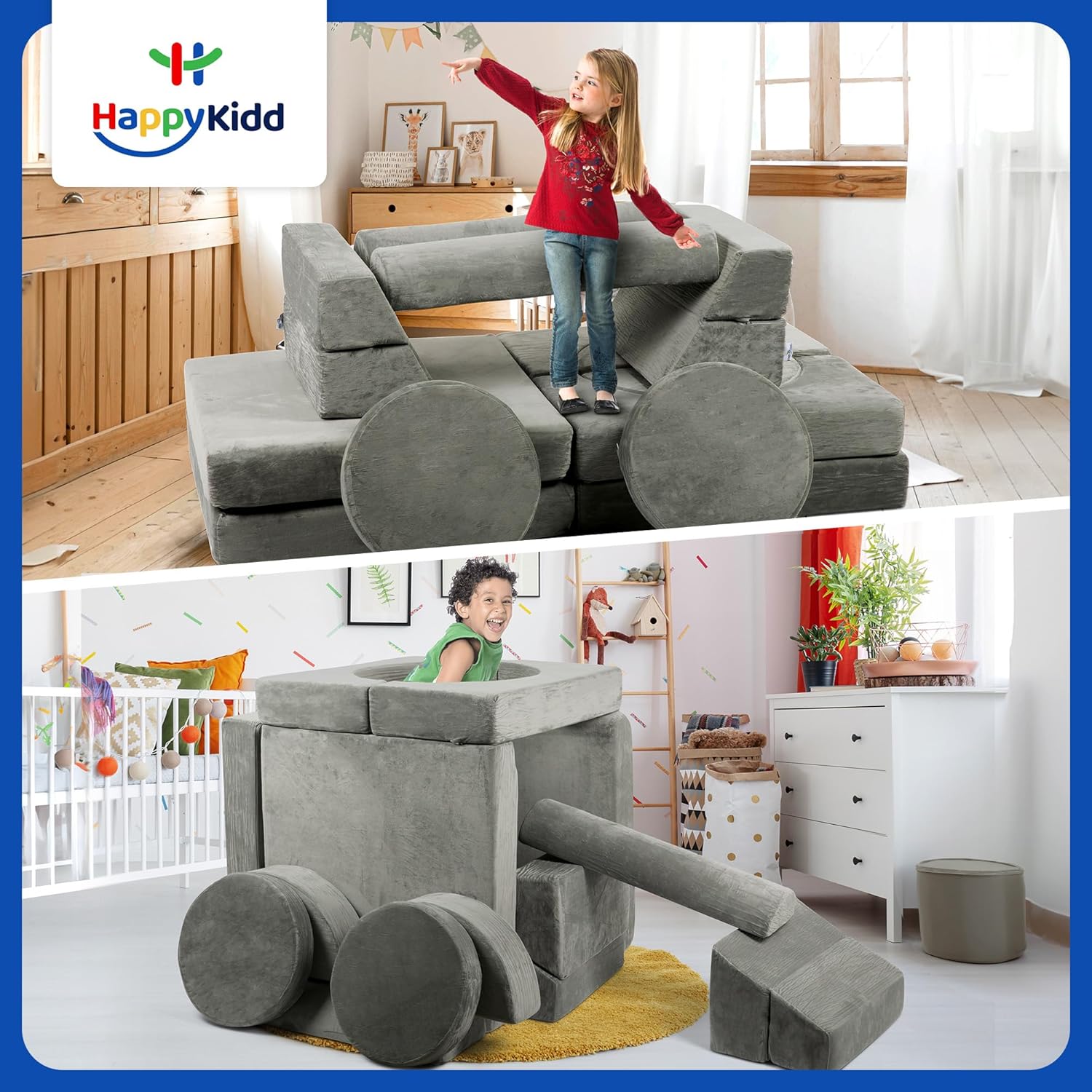 Modular Kids Play Couch - 15 Pieces Buildable Plush Play Couch Panels with Ball Pit Square, Backrests - Kids Sofa Couch Furniture for Ages 5-12, Kids Couch for Playroom, Bedroom, Classroom