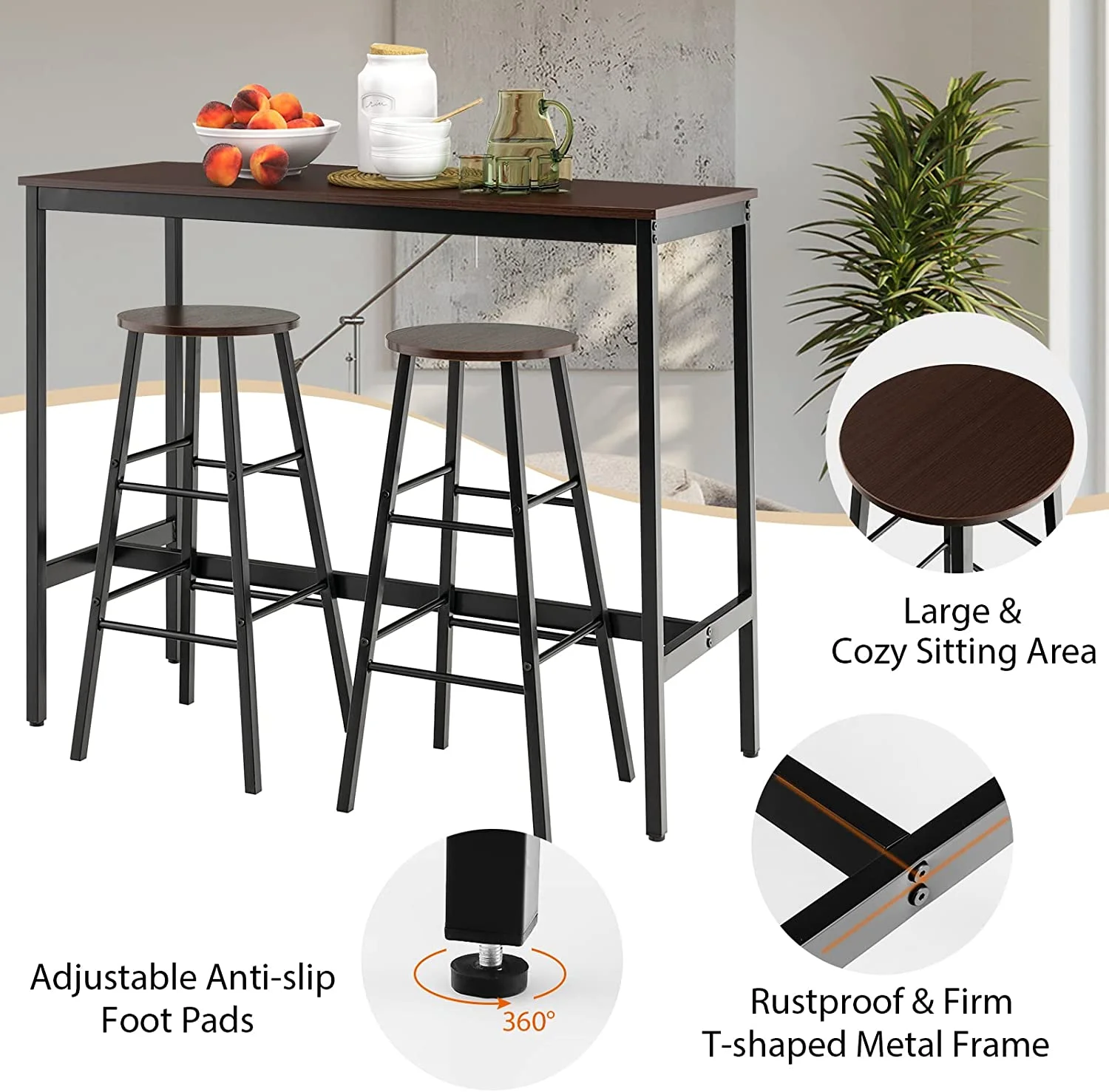 TJUNBOLIFE 3-Piece  Table Set - 36" H Counter Height Table w/ 2 Round Stools  Space Saving Design  Kitchen Breakfast Dining Table Set for Living Room  Dining Room  Pub  Bistro (Black