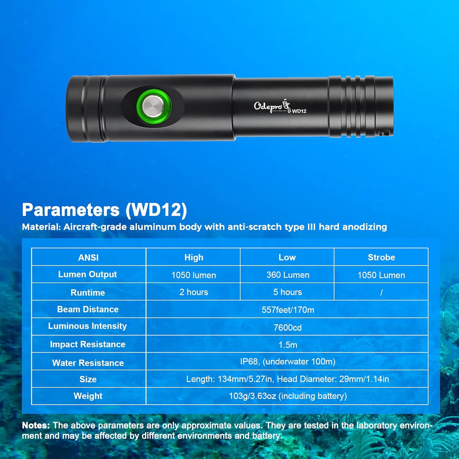 Odepro WD12 Scuba Diving Light 1050 Lumen Super Bright Compact Dive Lights with 3 Modes, IP68 Waterproof Submarine LED Flashlight with Battery Indicator, for 150m Underwater Diving, Fishing, Camping Pack of 2