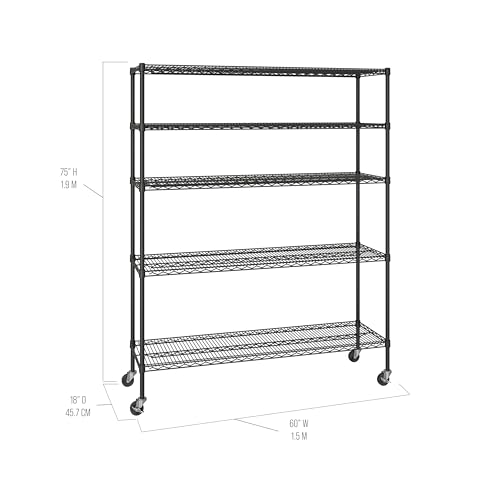 Seville Classics UltraDurable Heavy Duty NSF Solid Steel Wire Rack Storage Unit, Organizer for Garage, Warehouse, Office, Restaurant, Classroom, Kitchen, Black, 5-Tier Shelving, 36" W x 18" D
