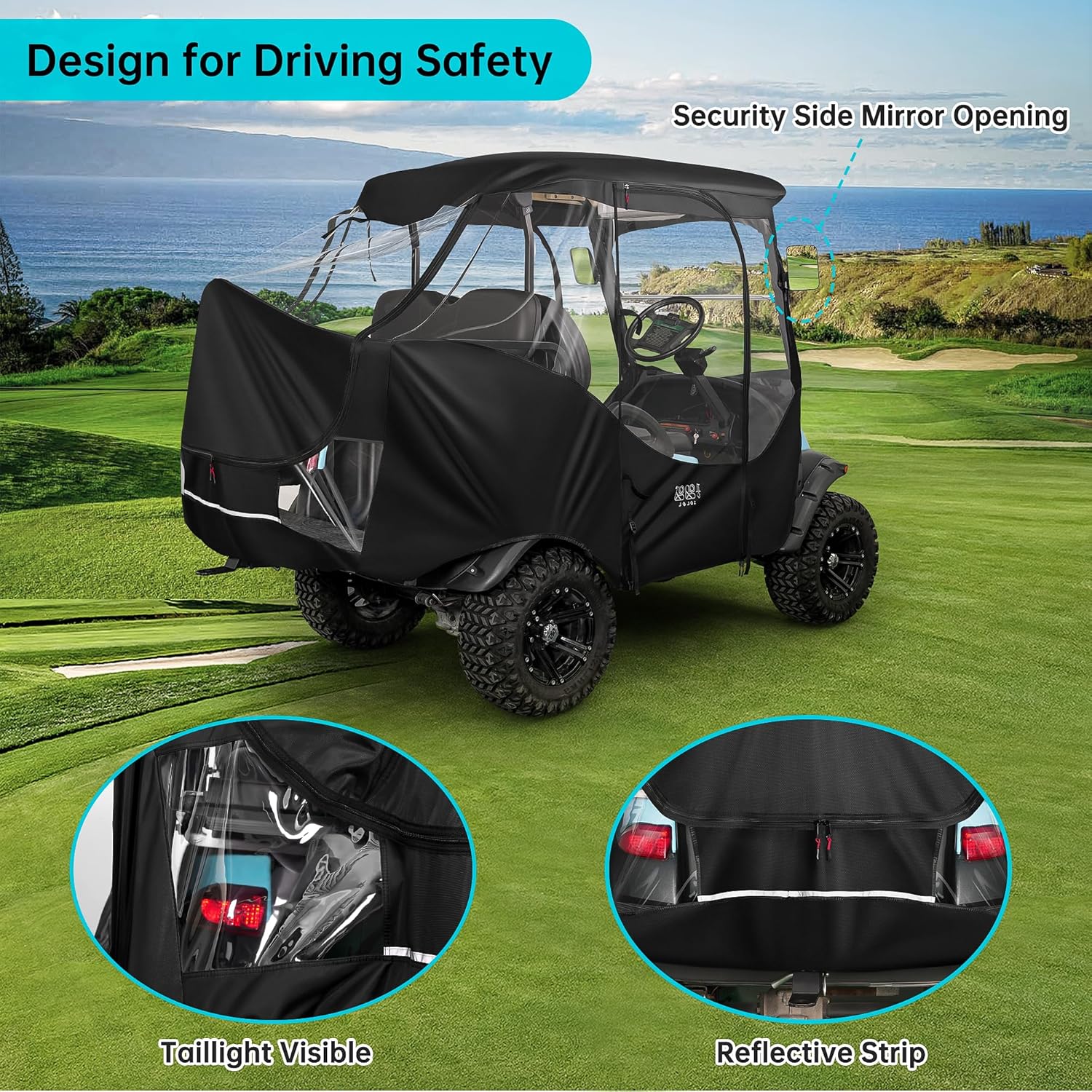 10L0L 4 Passenger Golf Cart Driving Enclosure for Club Car Precedent with Short Roof Up to 57", 4-Sided Clear Window 420D Rain Cover All Weather Windproof Waterproof