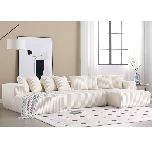 131'' Modular Sectional Couch, U-shaped Sofa, Chaise Lounge, Striped Corduroy Fabric,Upholstered 4 Seater Couch for Living Room, Bedroom, Free Combination Sofa (White)