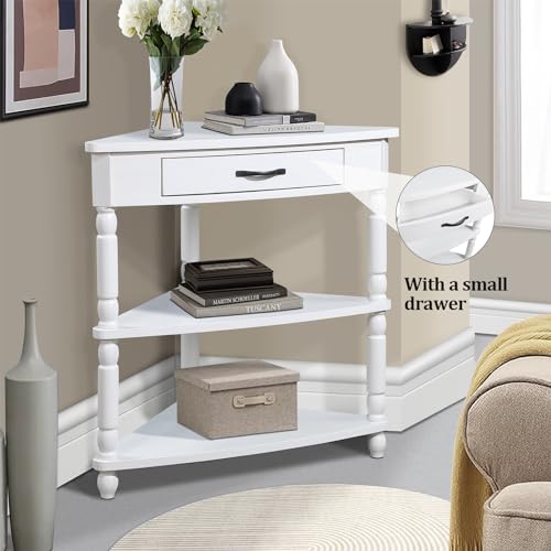 3-Tier Corner Shelf with Drawer, Living Room Corner Cabinet with Solid Wood Legs, Small Corner Table with Storage, Corner Hutch Cabinet for Dining Room, Kitchen, Bedroom, White