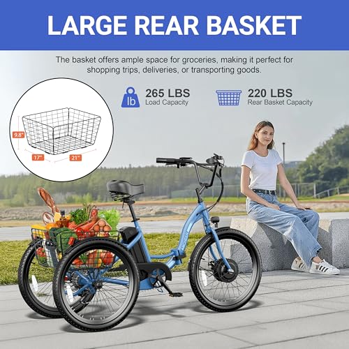 ANCHEER Electric Tricycle for Adults, 350W(Peak 550W) Etrike, 48V/499Wh Ebike, 24" Folding 3 Wheel Electric Trike, 15.5MPH & 55Miles Electric Bike, Rear Differential, Rear Basket