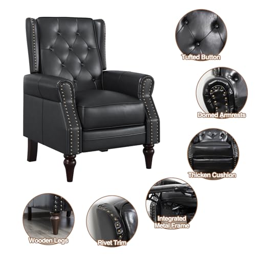 Lazy Boy Recliner Chair, Faux Leather Wingback Chair, Single Sofa Chair with Rivet Trim and Tufted Button, Club Chair with Wooden Legs, Pushback Arm Chair for Living Room Bedroom Club Cafe, Matt Brown