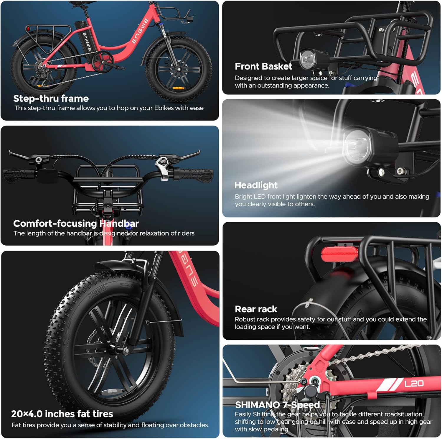 ENGWE L20 960W(Peak) Motor Electric Bike for Adults Women, 20 * 4.0" Fat Tire Step-Thru Ebike, 48V13Ah 87Miles Long Range 24MPH Urban Commuter Off-Road Adventures,7-Speed Gear Front Suspension(Black)