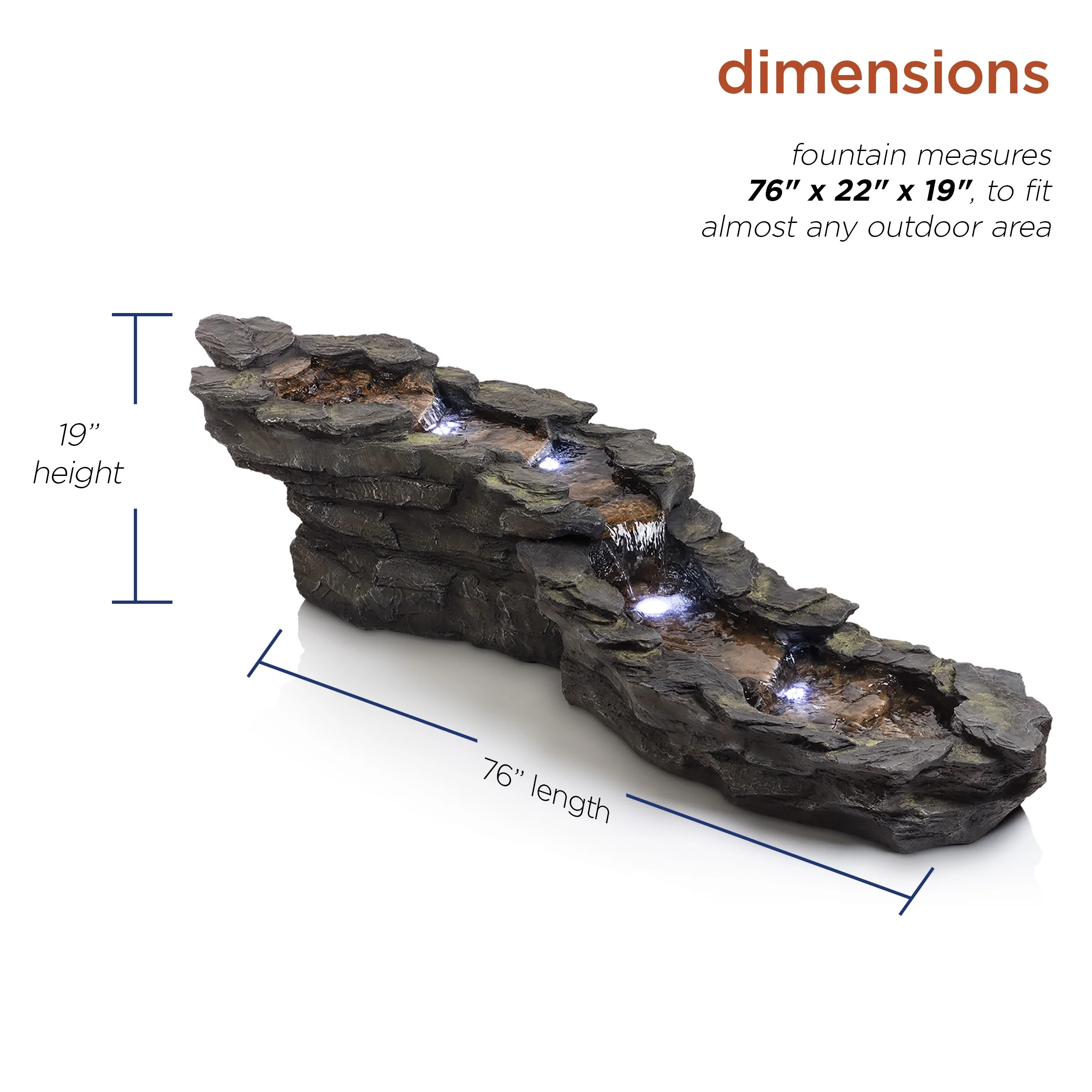 Alpine Corporation 76" Long Outdoor Tiering Rocky River Stream Water Fountain with LED Lights