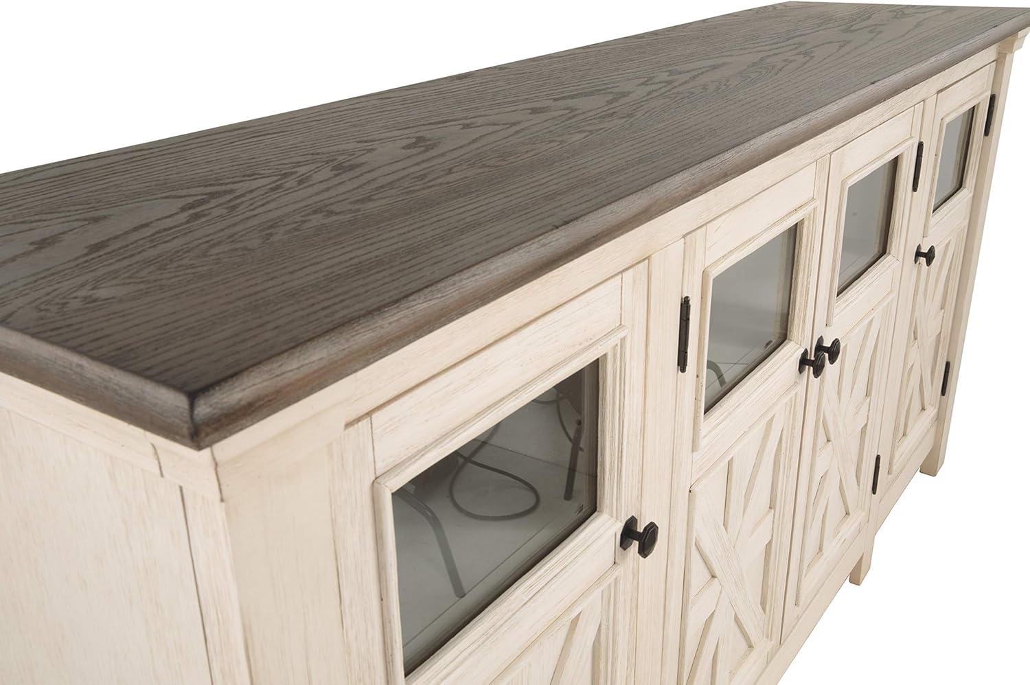 Signature Design by Ashley Bolanburg Two Tone Farmhouse TV Stand, Fits TVs up to 72, 3 Cabinets and Adjustable Storage Shelves, Whitewash