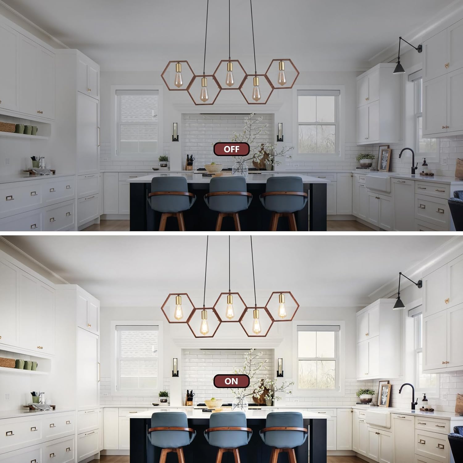 Dining Room Light Fixture Farmhouse Pendant Lights Kitchen Island Rustic Kitchen Light Fixtures 5 Lights Wood Color Black Metal Rectangular Chandelier Ceiling Hanging Lighting 38"