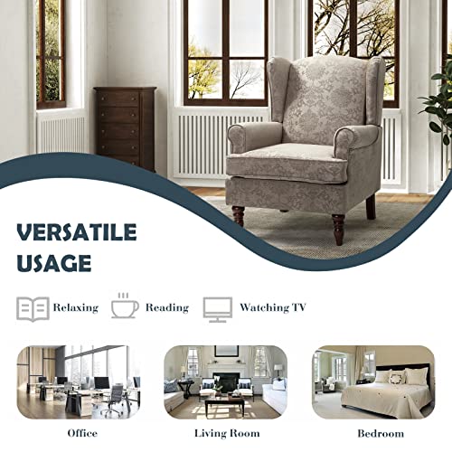 HULALA HOME Wingback Accent Chairs Set of 2 with Retro Wood Legs, Traditional Fabric Armchairs for Bedroom Living Room, Comfy Upholstered Sofa Chairs Reading Chairs with Unique Pattern Design, Brocade