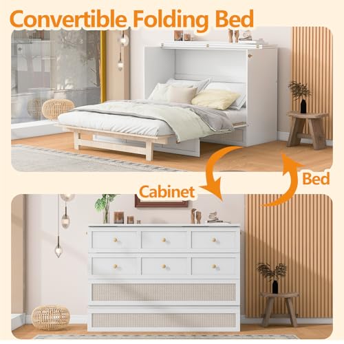 Full Size Murphy Bed,Multi-Functional Night & Day Furniture Murphy Cabinet Bed,with Large Drawers,Hidden Murphy Bed for Bedroom, Guest Room,White