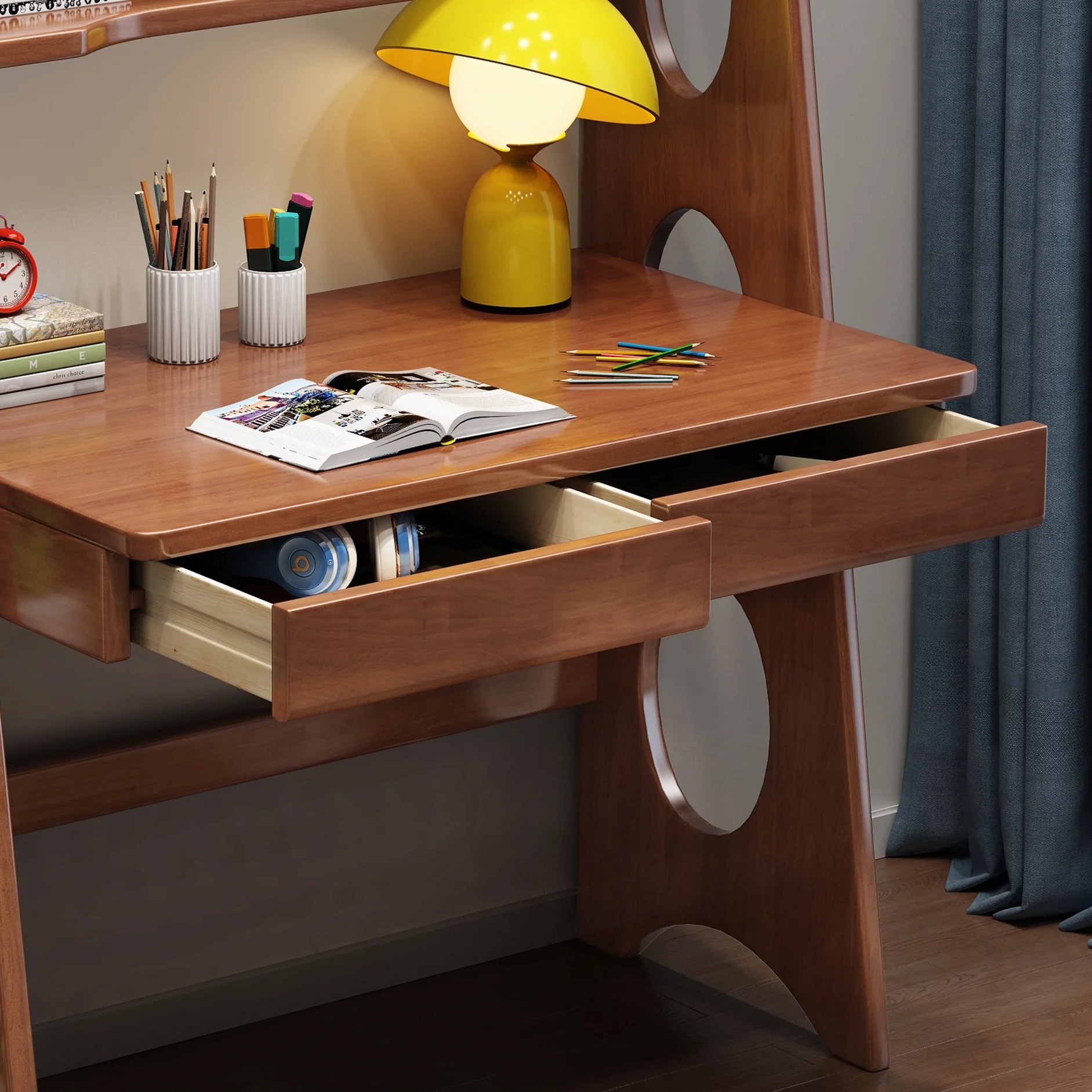 BALANBO Kid's Desk Kid's Table and Chair Set with Drawers and Bookshelf Wooden Kid's Media Desk Student Learning Computer Workstation and Writing Desk (Brown)