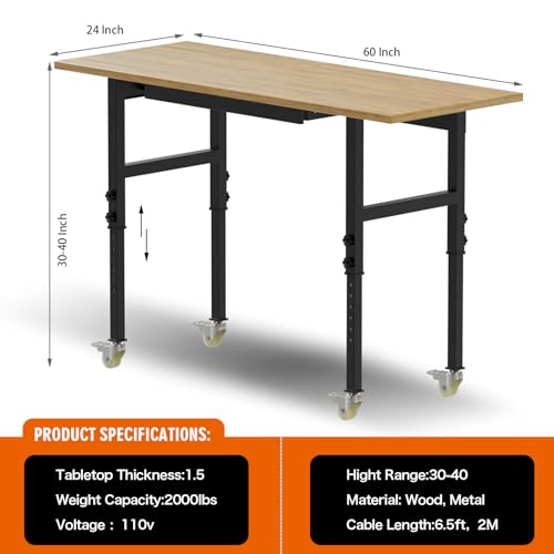 Workbench, 60" Adjustable Height Work Table with Power Outlet, Drawer and Wheels, 2000 LBS Load Capacity Hardwood Work Bench for Garage, Workshop, Home, Office (60" X 24")