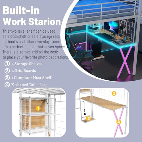 Full Size Loft Bed with Desk and Stairs,Metal Gaming Loft Bed Full with Wardrobe and Shelf, High Loft Bed with LED & USB Charging Station for Teens, Adults, Space Saving Design,Black