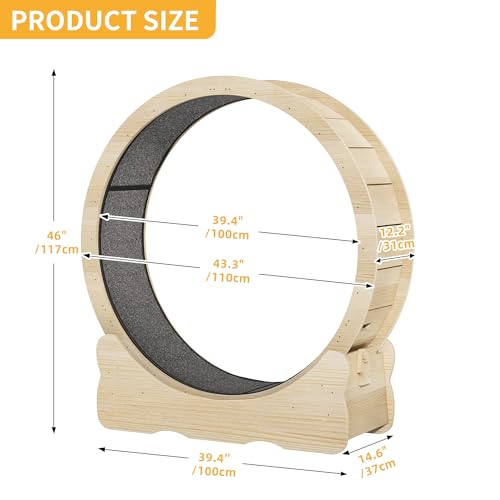 DWVO Cat Wheel Exerciser for Indoor Cats, 43.3 Inch Solid Wood Cat Exercise Running Wheel with Carpeted Runway, Low Noise Cat Treadmill Wheel with Locking Mechanism, Ideal Gifts for Cat, Burlywood