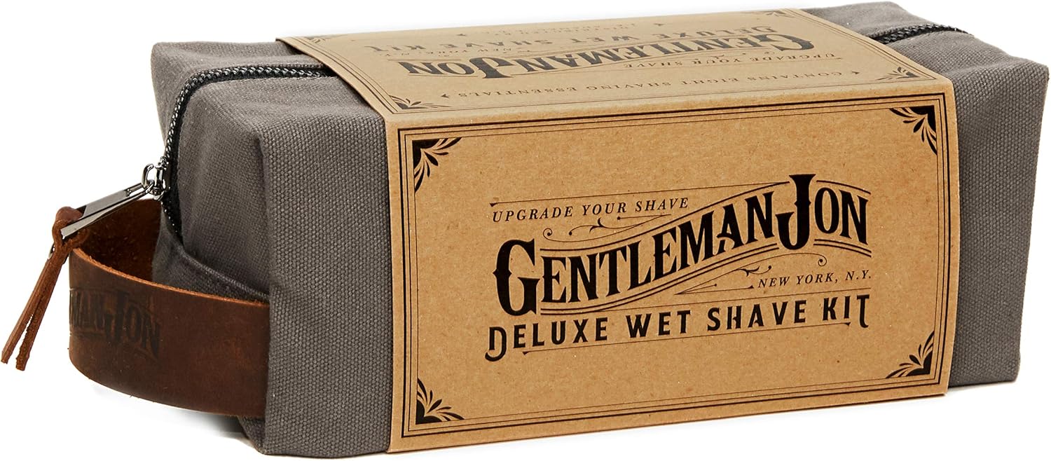 Gentleman Jon Deluxe Wet Shave Kit | Includes 8 Items: Safety Razor, Badger Hair Brush, Shave Stand, Canvas & Leather Dopp Kit, Alum Block, Shave Soap, Stainless Steel Bowl and Five Razor Blades