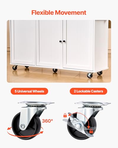 VEVOR Kitchen Island Cart with Solid Wood Top, 35.4" Width Mobile Carts with Storage Cabinet, Rolling Kitchen Table with Spice Rack, Towel Rack, and Drawer, Portable Islands on Wheels, White