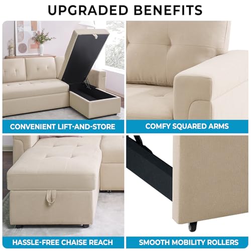 Naomi Home Jenny Sectional Sofa Sleeper with Storage Chaise, Tufted Pull Out Couch with Storage, L-Shaped Reversible Sleeper Sofa with Storage, Black,Air Leather