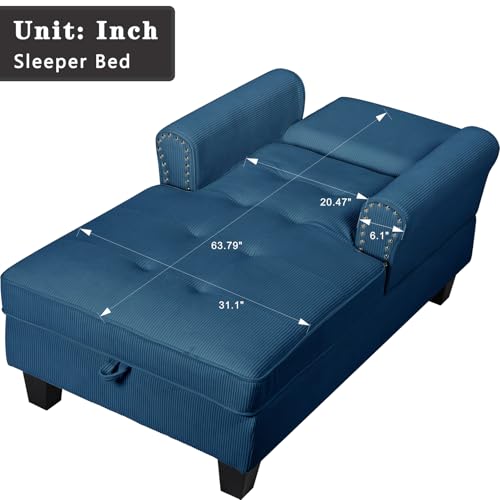 63" Sleeper Chaise Lounge Indoor，2 in1 Modern Corduroy Fabric Upholstered Recliner Sofa Bed with Adjustable backrest & Storage Space for Bedroom, Living Room，Office (Blue Corduroy)