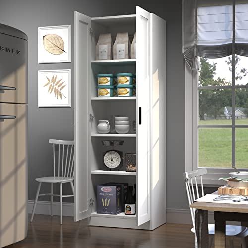 Panana Wooden Tall Storage Cabinet, Collection Food Pantry Cabinet Narrow Cabinet Free Standing with 2 Doors and Shelves (White-s, 45P)