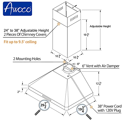Awoco Wall Mount 9” High Stainless Steel Range Hood 4 Speeds, 6” Round Top Vent 900CFM 2 LED Lights & Remote Control