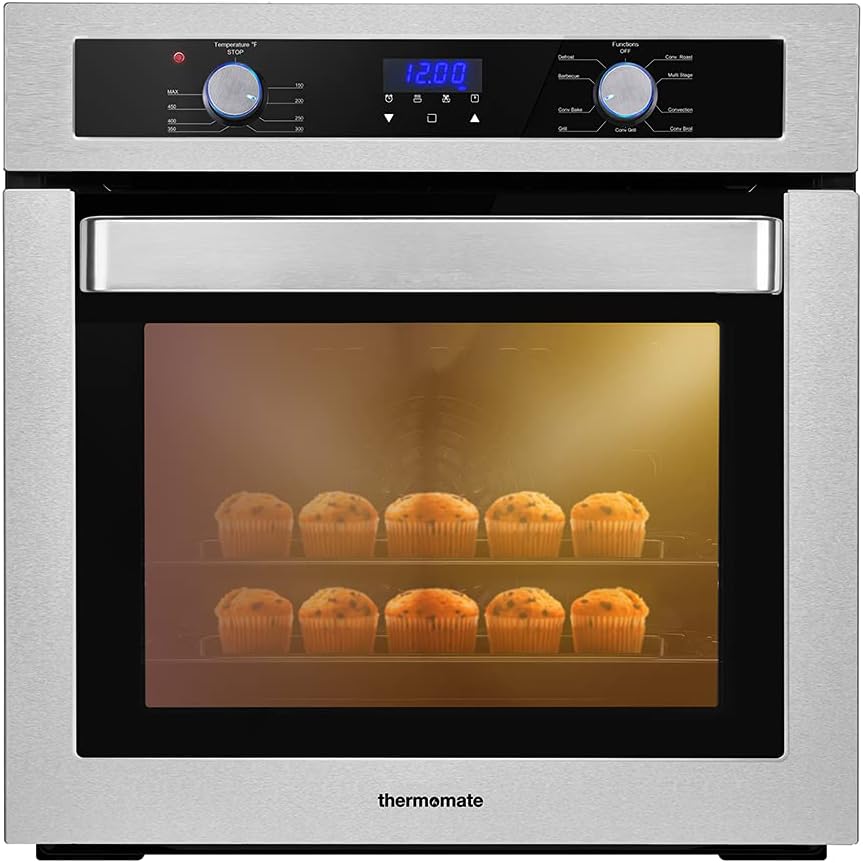 24 Single Wall Oven, thermomate 2.3 Cu.ft. Built-in Electric Wall Oven with 5 Cooking Functions, 2000W Electric Ovens with Stainless Steel Finish, Mechanical Knobs Control, ETL Certified