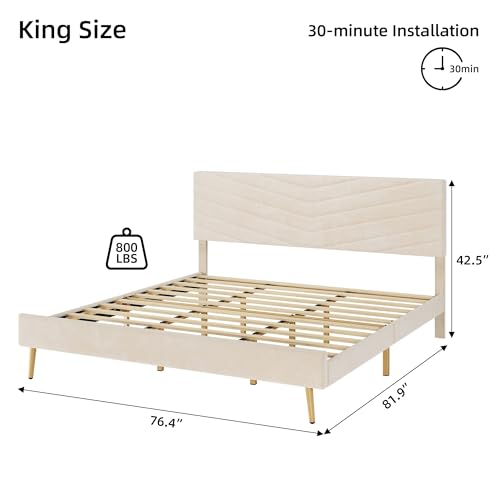 GAOMON King Size Bed Frame, Velvet Upholstered Platform Bed with Adjustable Headboard, Solid Wood Slats Support, No Box Spring Needed, Noise Free, Easy Assembly (King, Blue)
