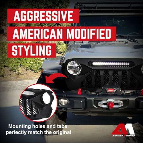 AMERICAN MODIFIED Gladiator Vader Front Grille with Mesh Compatible with Jeep 2018-2023 Wrangler JL and Gladiator JT Models w/o TrailCam