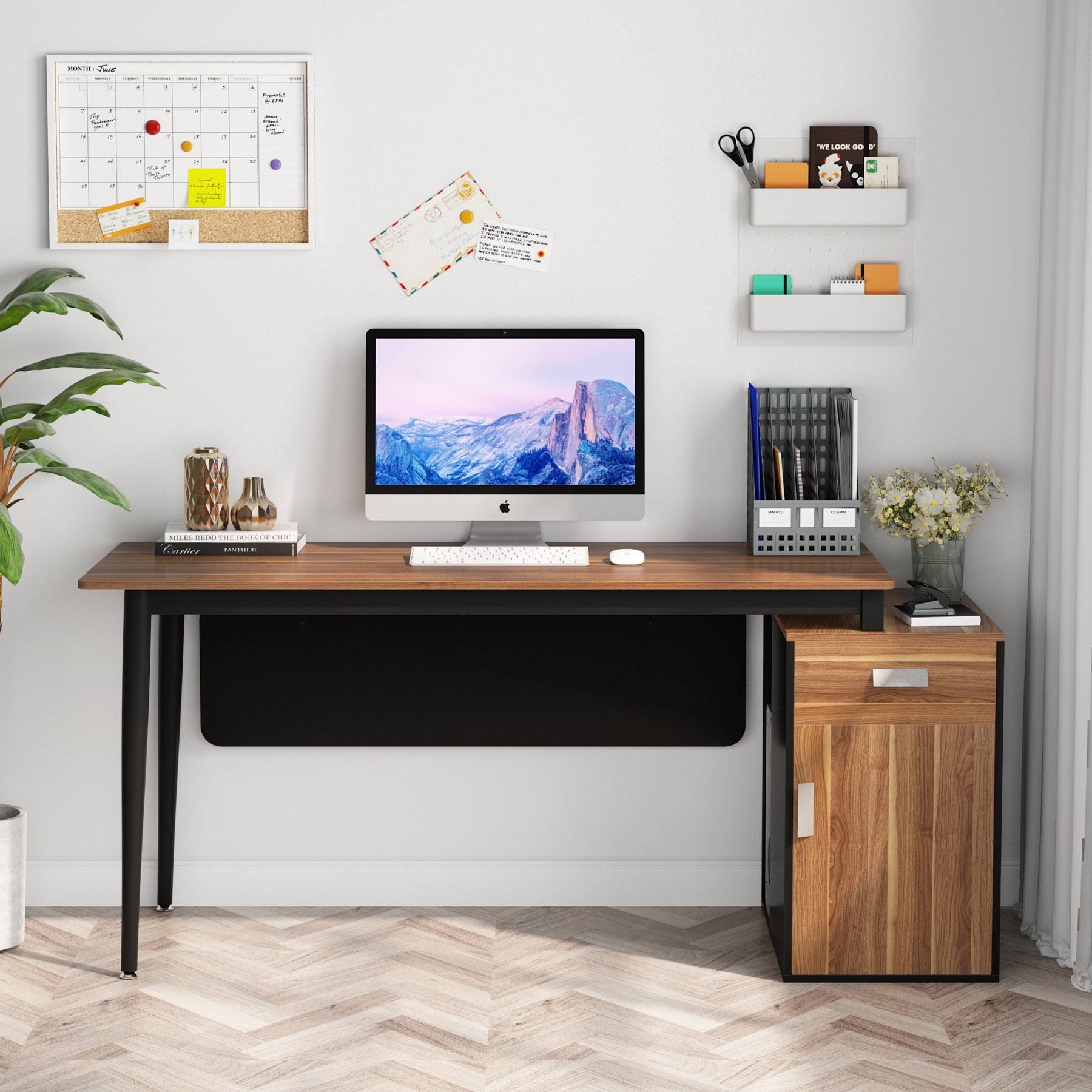 55 inch Computer Desk Modern Office Desk with Drawers and Storage Cabinet - Multi