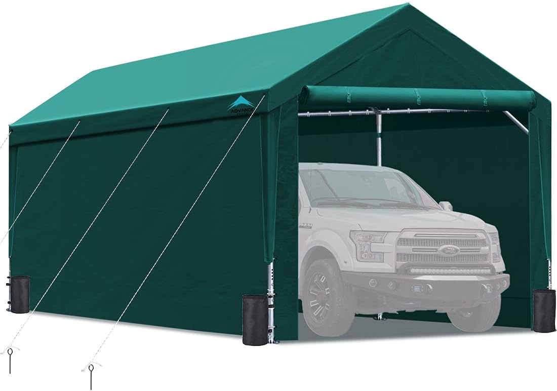 ADVANCE OUTDOOR Upgraded 10x20 ft Heavy Duty Steel Carport with Adjustable Height from 9.5 to 11 ft, Car Canopy Garage Party Tent Storage Shed Boat Shelter Portable with Sidewalls and Doors, Beige