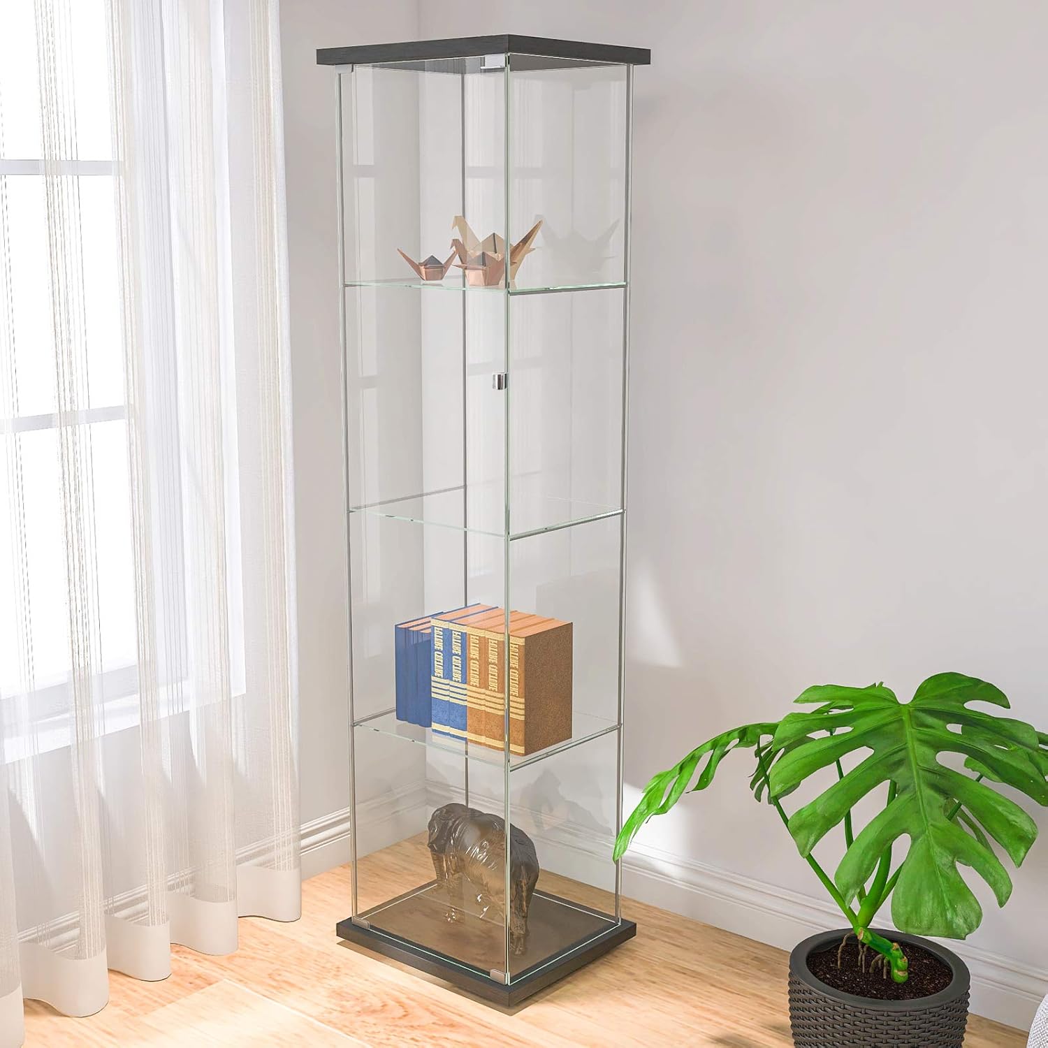 64&rdquo; H Contemporary 4-Shelf Glass Display Cabinet in Clear with Door, Curio Cabinet Collection Display Case, Floor Standing Bookshelf Corner Cabinet for Living Room Bedroom Home Office (Black)
