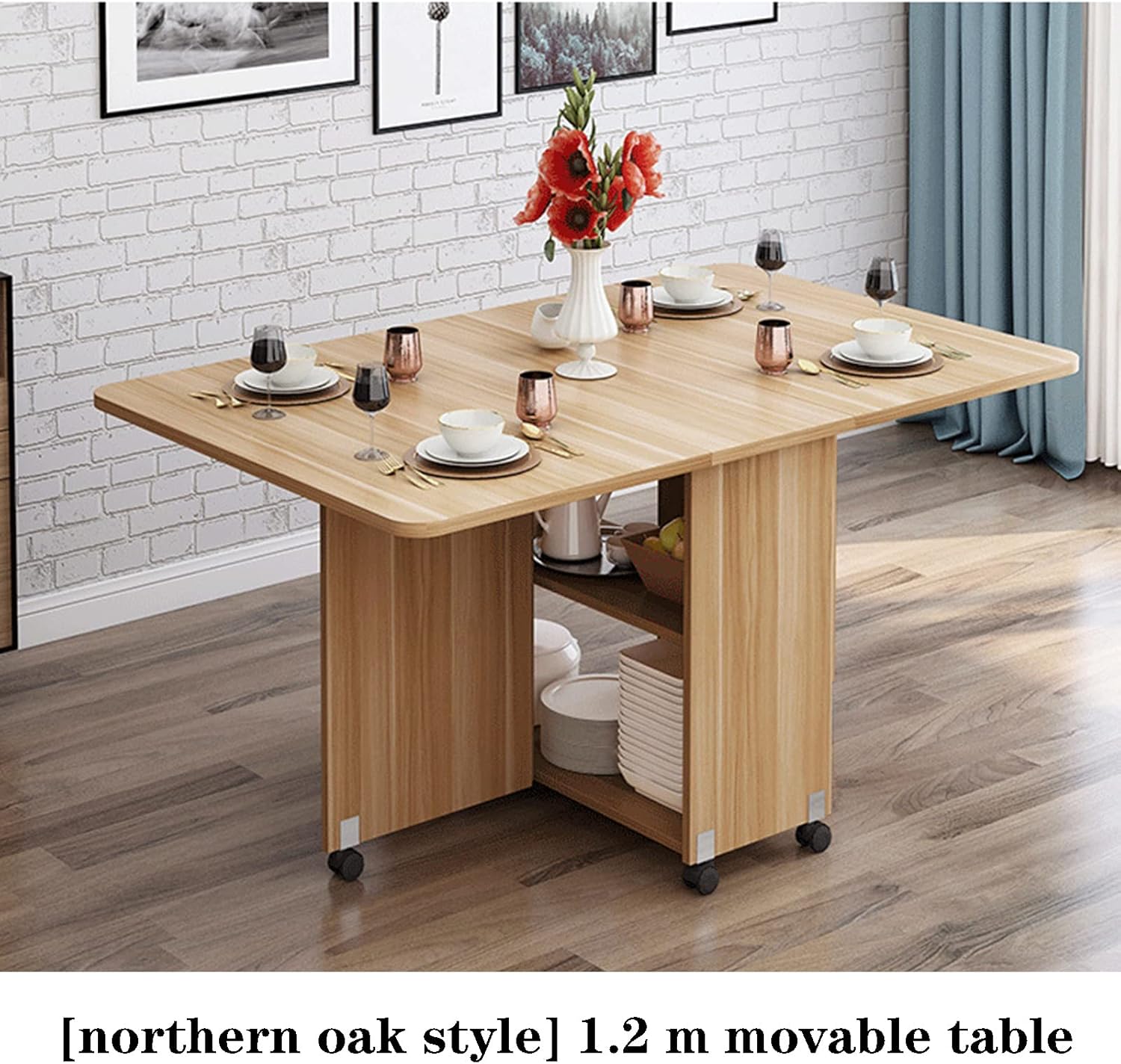 Kitchen Dinner Table, Expandable Folding Dining Table with 6 Wheels, Rectangle Wood Drop Leaf Table, Round Edge Design, for Small Space Dining Table for Kitchen, Living Room,1.2m