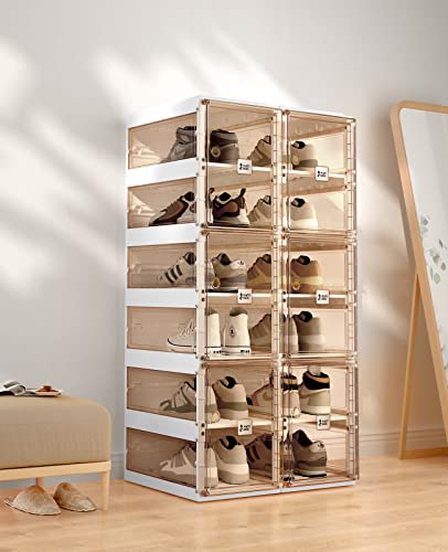 Foldable Shoe Rack,Shoe Organizers for Closet Plastic Shoe Storage Box Space Saving for Entryway, Large Sturdy Stackable Sneaker Cabinet Bins with Magnetic Clear Door 8 Tiers 16 Pairs