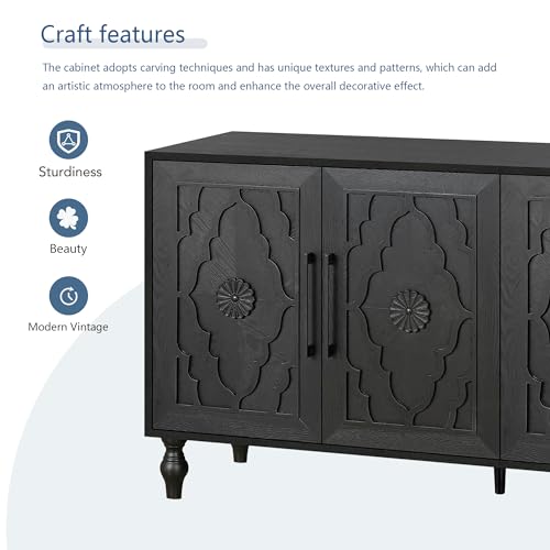 LUMISOL Sideboard Buffet Cabinet, Wooden Storage Cabinet with 4 Carved Flower Doors and Metal Handles, Retry Style Kitchen Sideboard, TV Stand Table for Living Room, Dining Room, Entryway, Natural